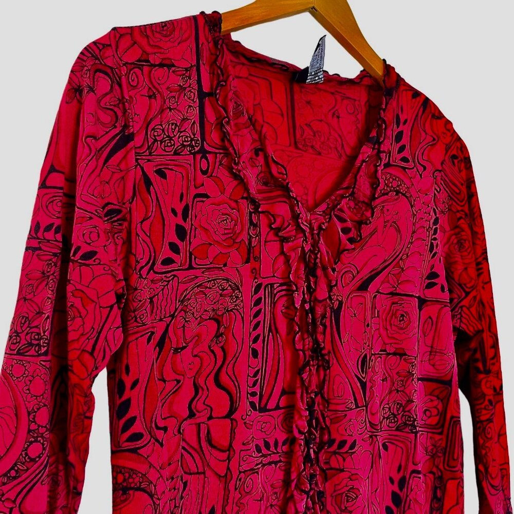 Vintage Y2K Lynn Ritchie Silk Top M Red Black Picasso Art Style Shirt Ruffles